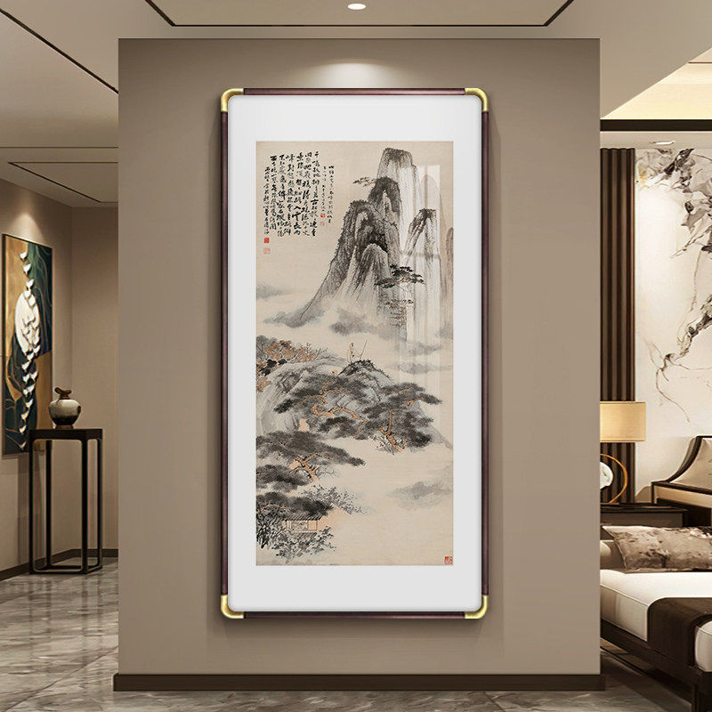 张大千山水画新中式客厅茶室国画玄关竖版装饰画走廊尽头挂画实木