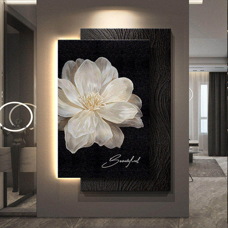黑白山茶花客厅装饰画砂岩高级感入户玄关挂画极简复古花卉壁灯画