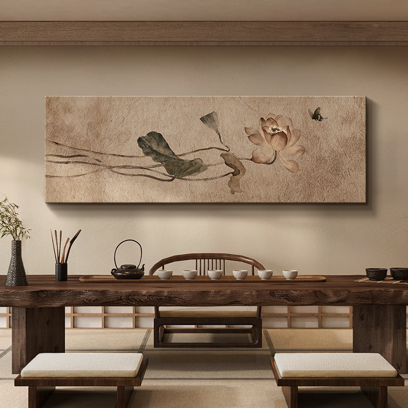 宋代美学客厅砂岩挂画横幅荷花沙发背景墙装饰画中式禅意茶室氛围