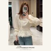 MIANMIANONLINE 方领收腰蕾丝花边拼接上衣266 浅草