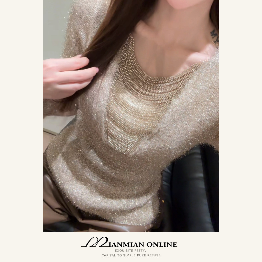 MIANMIANONLINE“鎏光熹微”秋冬时尚重工钉珠链条亮丝毛上衣1355