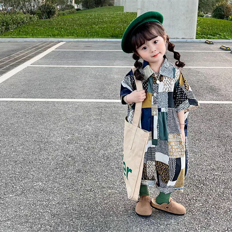 热销童连身衣2023夏款女童韩版衬衫领不规则连身服儿童五分袖慵懒