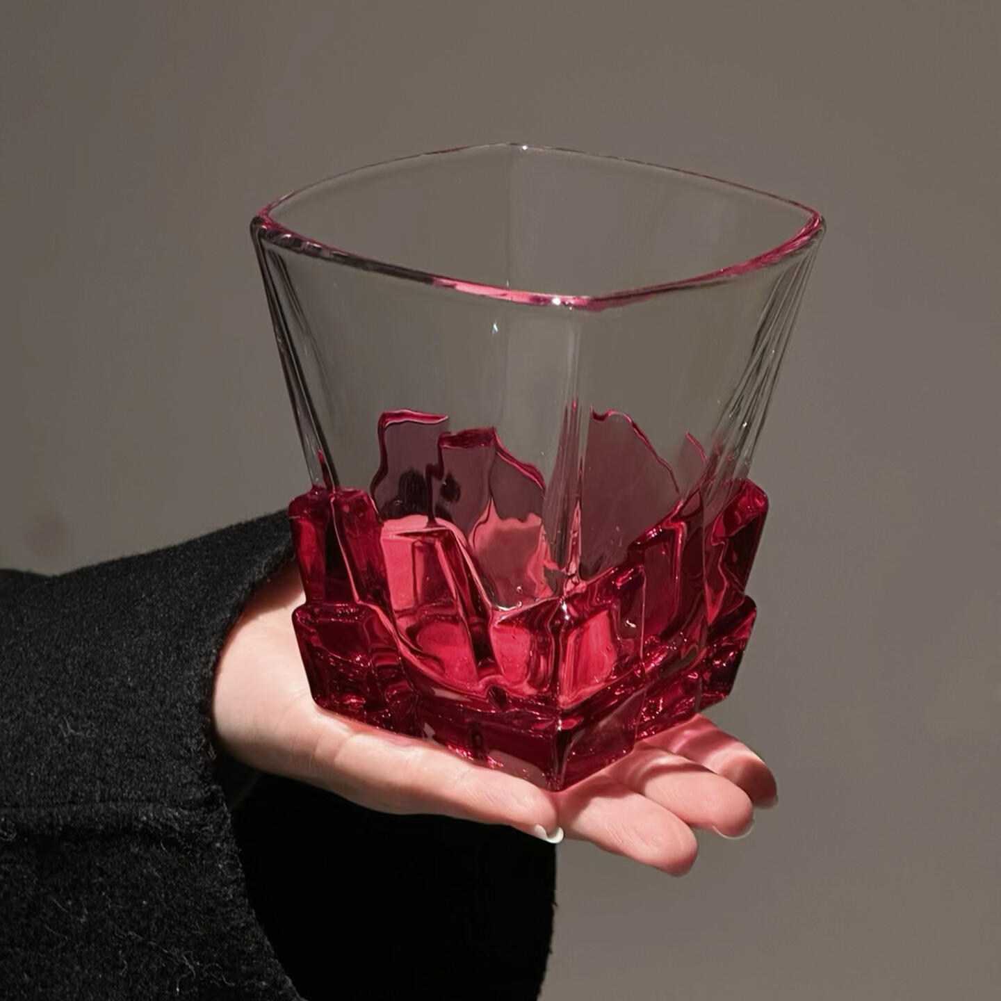 玻璃酒杯玫红色冰块杯艺术感限定
