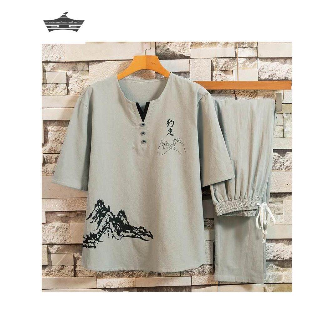 中国风男士睡衣夏季棉麻v领短袖长裤汉服亚麻古风薄款透气家居服
