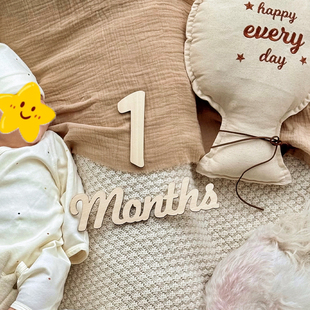 宝宝满月拍照道具ins风百天布置装饰品百日周岁成长数字木牌森系