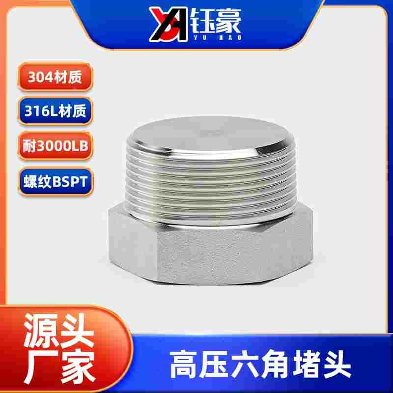 304/316L外六角实心外丝堵头BSPT耐210KG高压管件锻丝牙螺纹