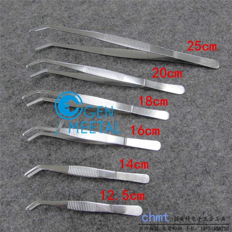 不锈钢带齿带牙镊子 弯嘴弯头镊子12.5/14/16/18/20/25cm清洁镊子