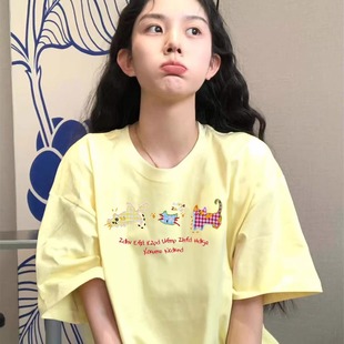 t恤女2025新款 夏季 纯棉短袖 爆款 上衣 设计感小众美式 宽松正肩半袖