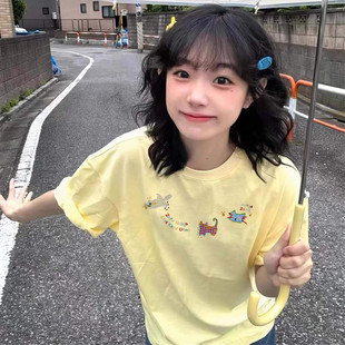 纯棉短袖 爆款 夏季 t恤女2025新款 上衣 正肩设计感小众美式 宽松半袖