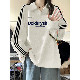 美式高街半拉链polo衫卫衣外套女款2026春秋宽松情侣长袖薄款上衣