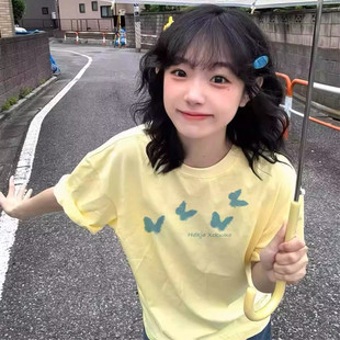 爆款 纯棉短袖 2025新款 夏季 上衣 t恤女正肩设计感小众美式 宽松半袖