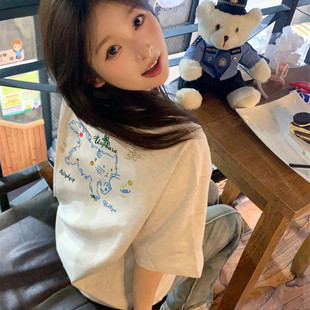 纯棉短袖 爆款 夏季 t恤女2025新款 上衣 正肩设计感小众美式 宽松半袖