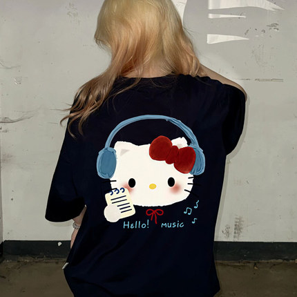 复古Kitty猫纯棉初中生短袖t恤女夏季2025学生宽松慵懒风可爱上衣
