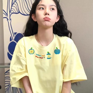 纯棉短袖 爆款 夏季 t恤女2025新款 上衣 正肩设计感小众美式 宽松半袖