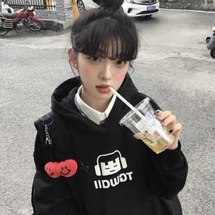 重磅纯棉黑色连帽卫衣女秋冬2025新款 oversize宽松设计感小众帽衫