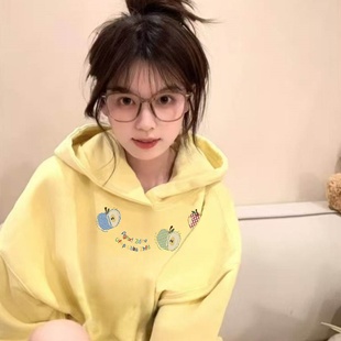 高街帽衫 重磅纯棉秋冬加绒加厚卫衣女2025新款 奶黄色连帽宽松美式