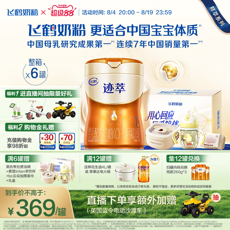 飞鹤迹萃1段专利母源自护乳铁蛋白8HMOs婴儿奶粉750g*6官方
