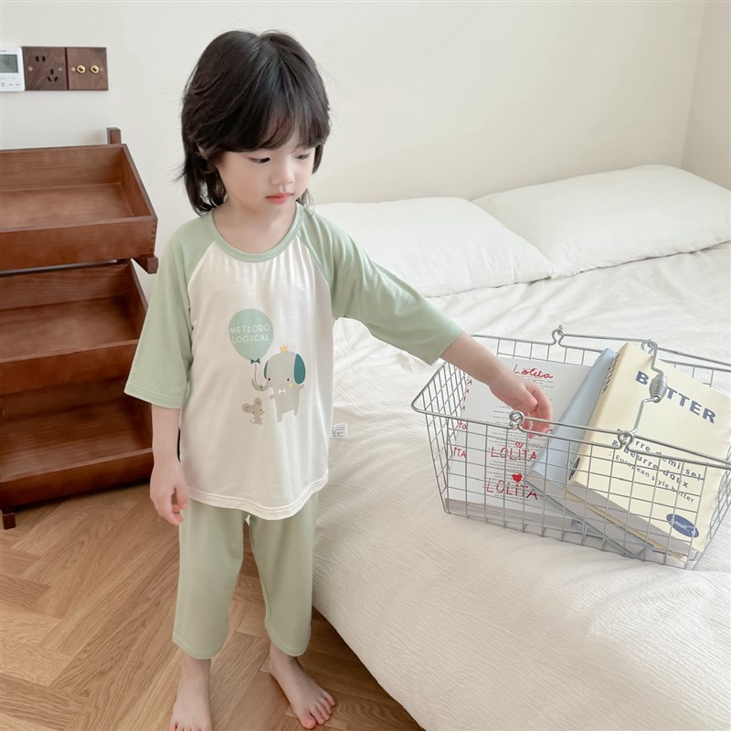儿童夏季裸感家居服男童七分袖套装女G童凉快柔软空调服宝宝睡衣