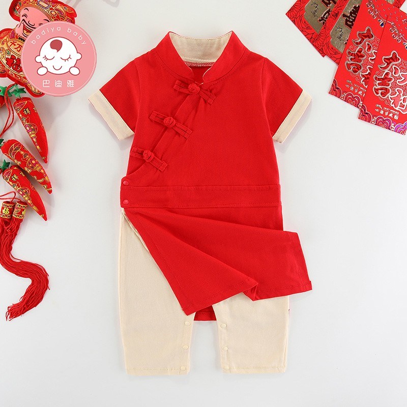 男宝宝一周岁礼服夏季薄款唐装新生婴儿连L体哈衣服夏装生日宴汉