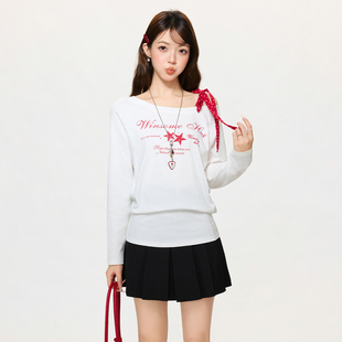 波点系带撞色斜肩卫衣女2026春季最新款宽松休闲小众性感露肩上衣