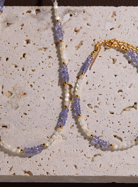 S925纯银天然坦桑石白贝母手链女原创设计手工串珠蓝紫色闺蜜手链