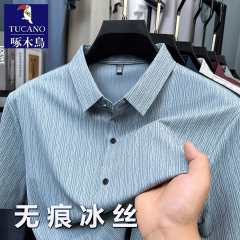 啄木鸟夏季薄款无痕冰丝短袖衬衫男中年爸爸商务休闲弹力免烫衬衣