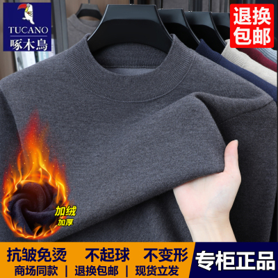 啄木鸟男士加绒毛衣2025年秋冬季新款打底衫宽松加厚半高领羊毛衫