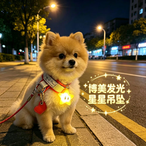 博美专用狗狗夜间发光吊坠项圈夜晚发光灯防走失遛狗牵引绳星星灯