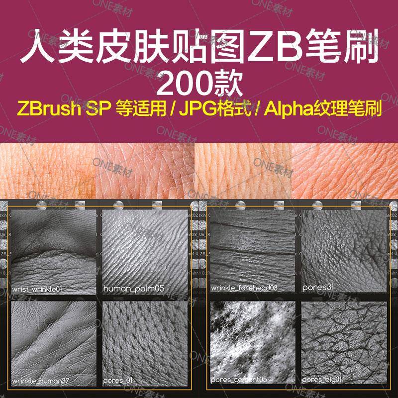 zbrush人类sp生物皮肤指纹脸部毛孔皱纹细节纹理Alpha贴图zb笔刷
