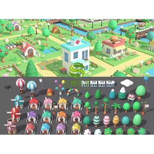 Unity3d卡通海边城市街道建筑 房屋气球火车树木场景建模素材0679