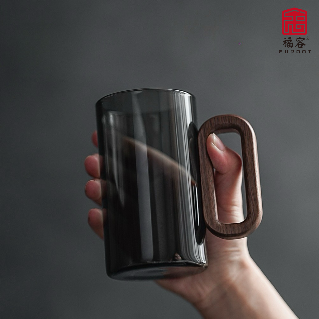 木把墨语杯 360ml 烟灰高档高硼硅耐热高温玻璃水杯