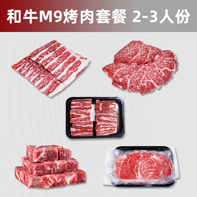 澳洲和牛M9烤肉套餐 2-3人家庭烤肉650g肋条三角肉后胸牛肉粒
