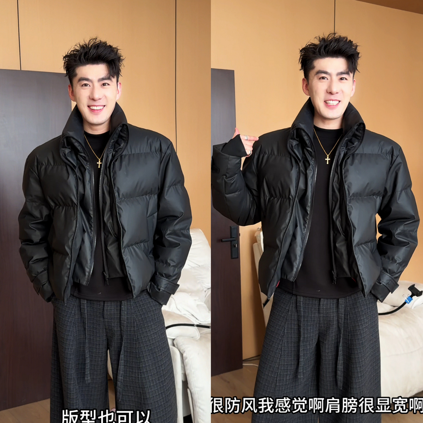 假两件立领棉服冬季新款男士时尚美式潮流痞帅气质休闲外套高品质