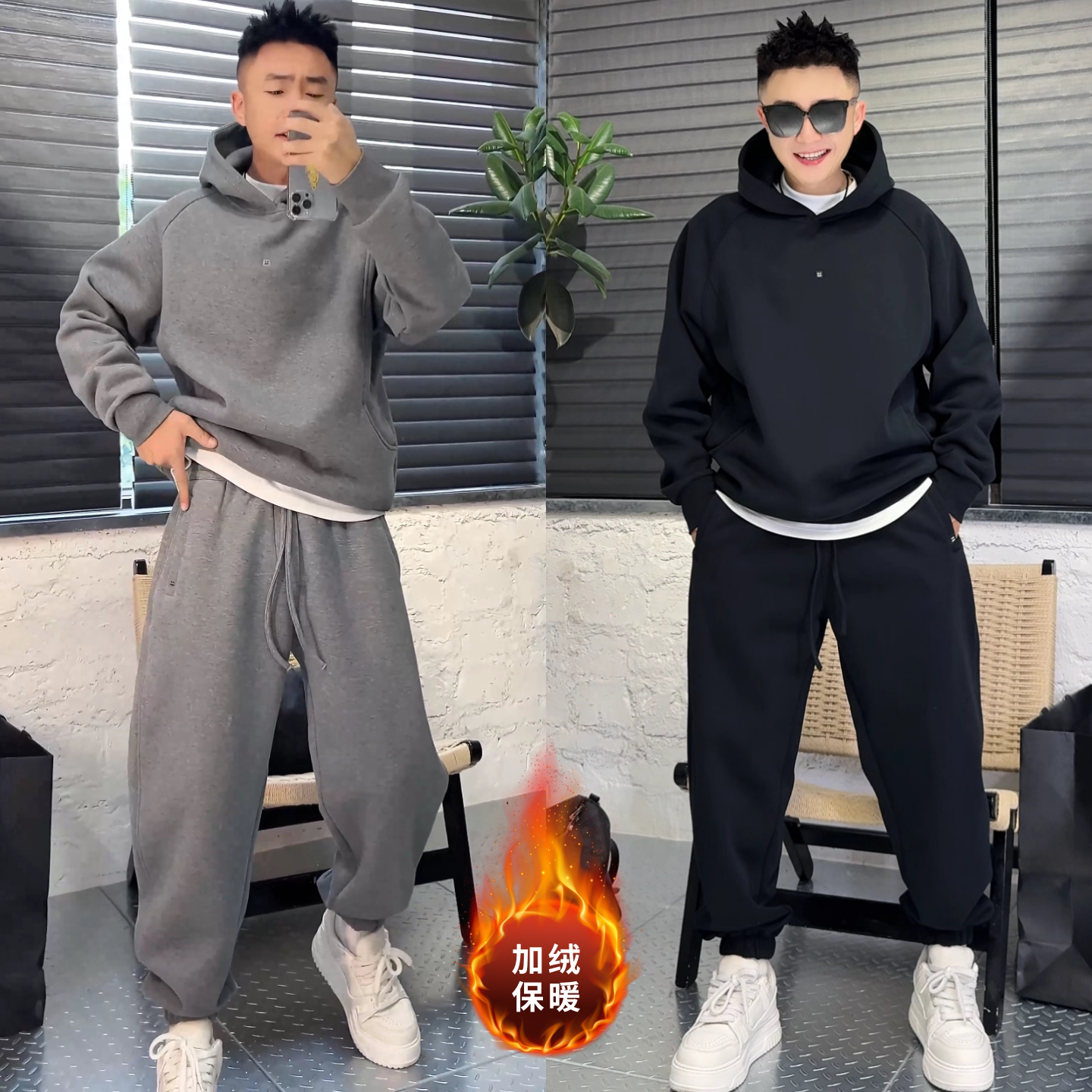 加绒加厚休闲套装冬季新款男士时尚潮流美式连帽卫衣束脚裤两件套