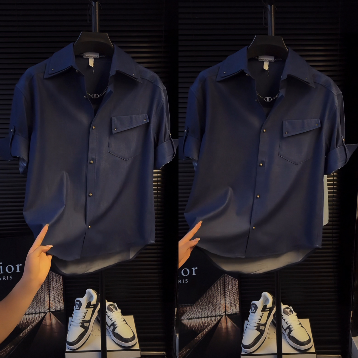 早秋新款男士时尚潮流百搭休闲高品质高级感垂顺翻领短袖衬衫上衣