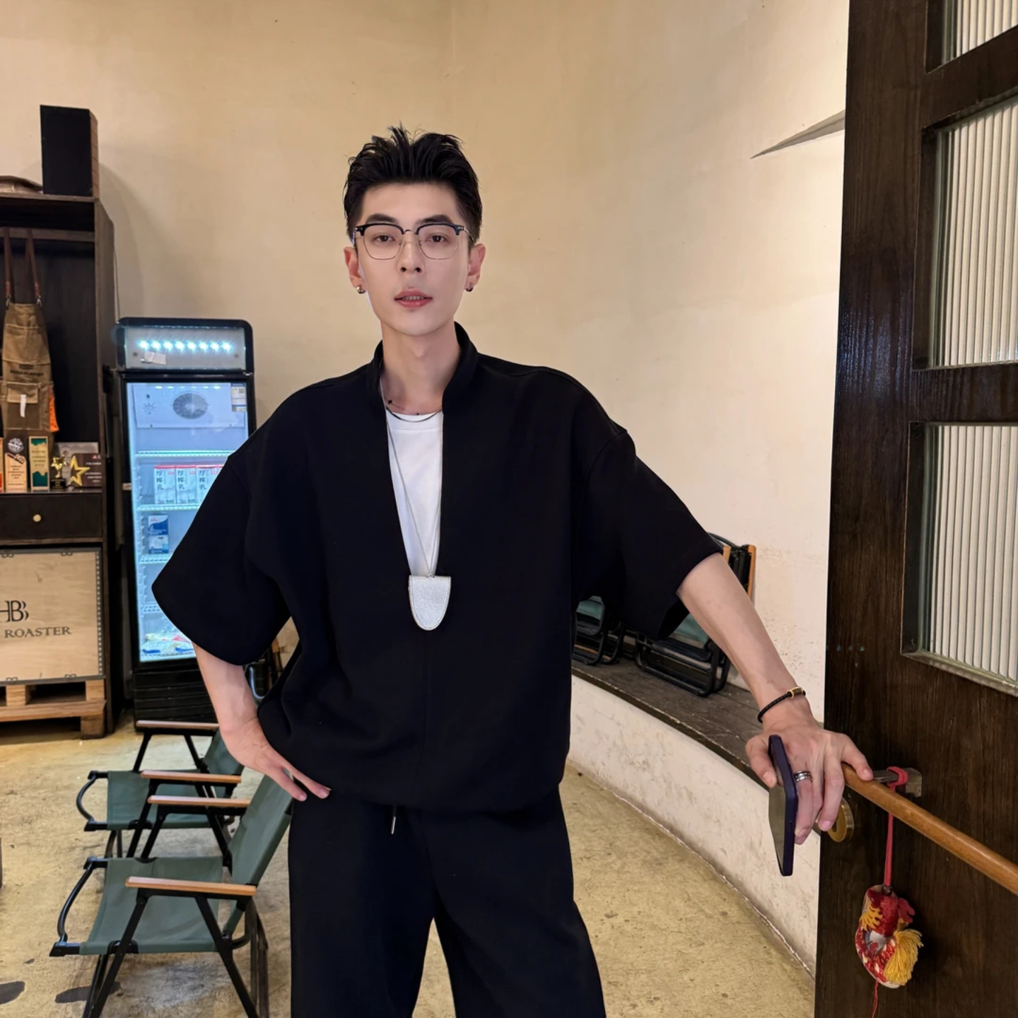 2026春夏新款时尚潮流痞帅个性男士休闲风短袖假两件卫衣卫裤套装