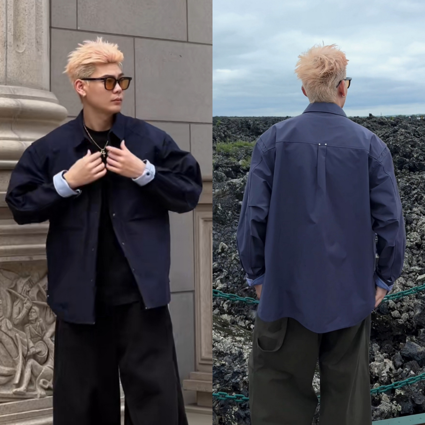 翻领时尚工装风假两件翻领衬衫男
