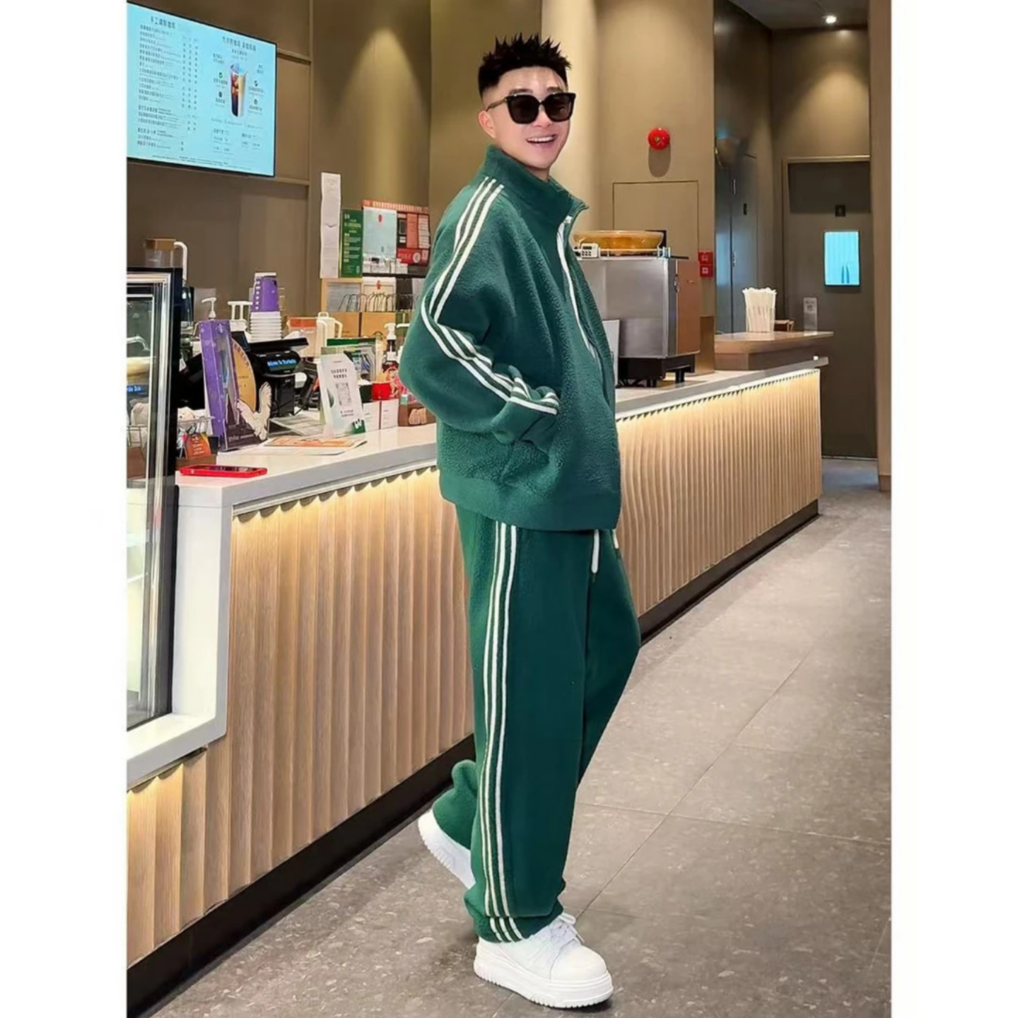 美式条纹摇粒绒运动套装加绒加厚立领卫衣卫裤休闲两件套冬季爆款