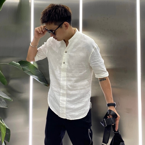 夏季新款男士时尚简约休闲百搭韩版老钱风高级感纯色中袖衬衫上衣