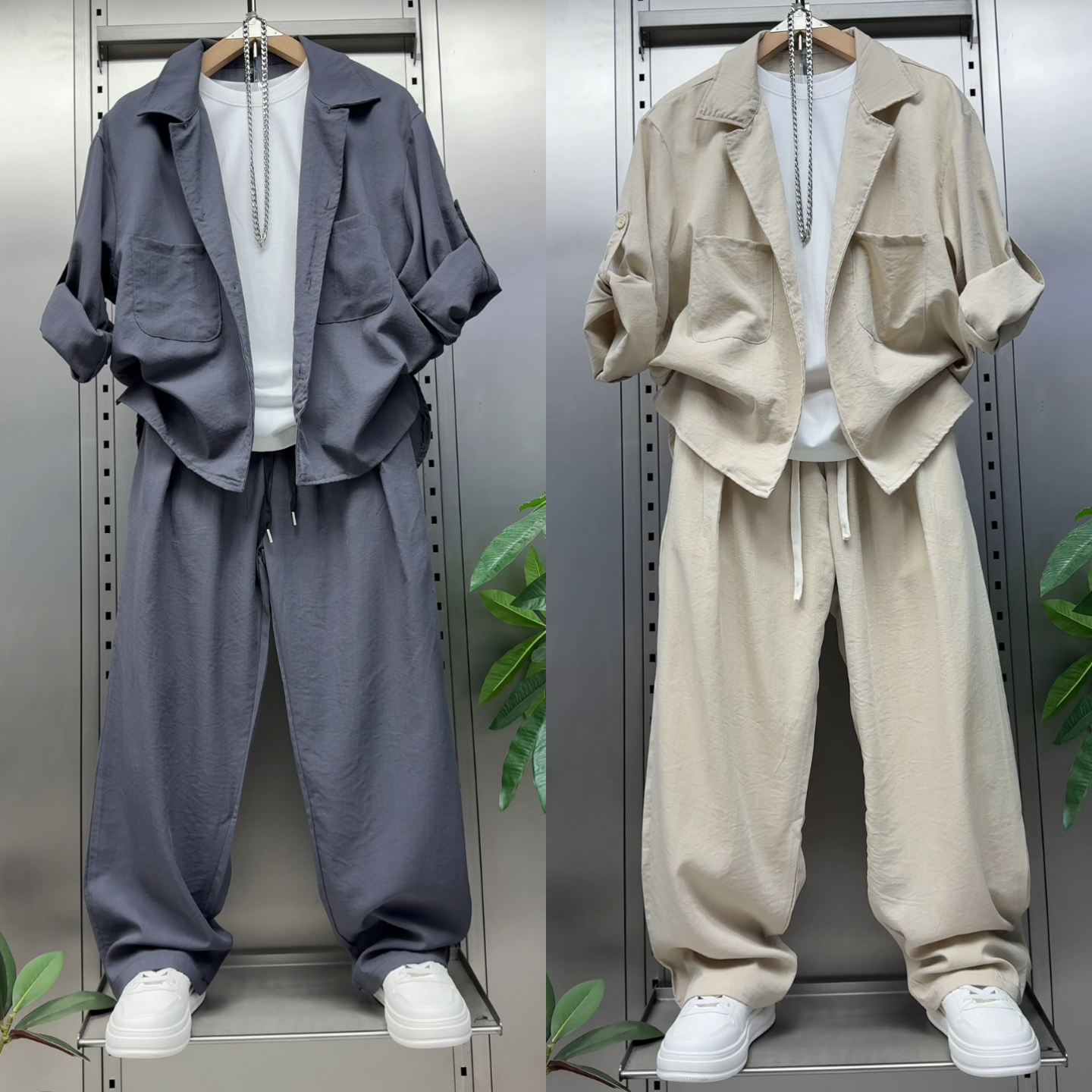 夏季新款男士立体剪裁休闲套装西服领宽松衬衫长裤两件套时尚简约