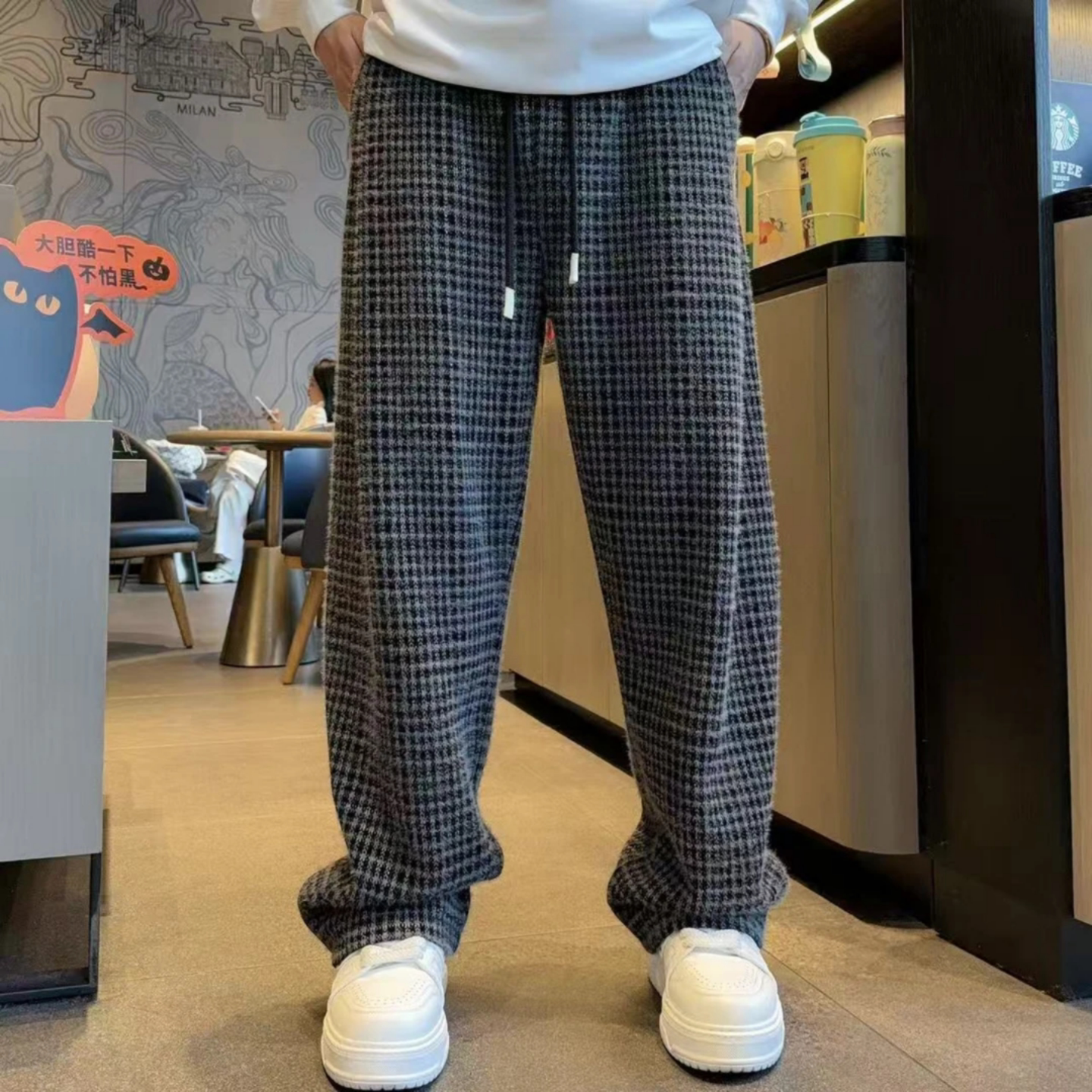 秋季厚款彩织格子裤百搭休闲裤潮