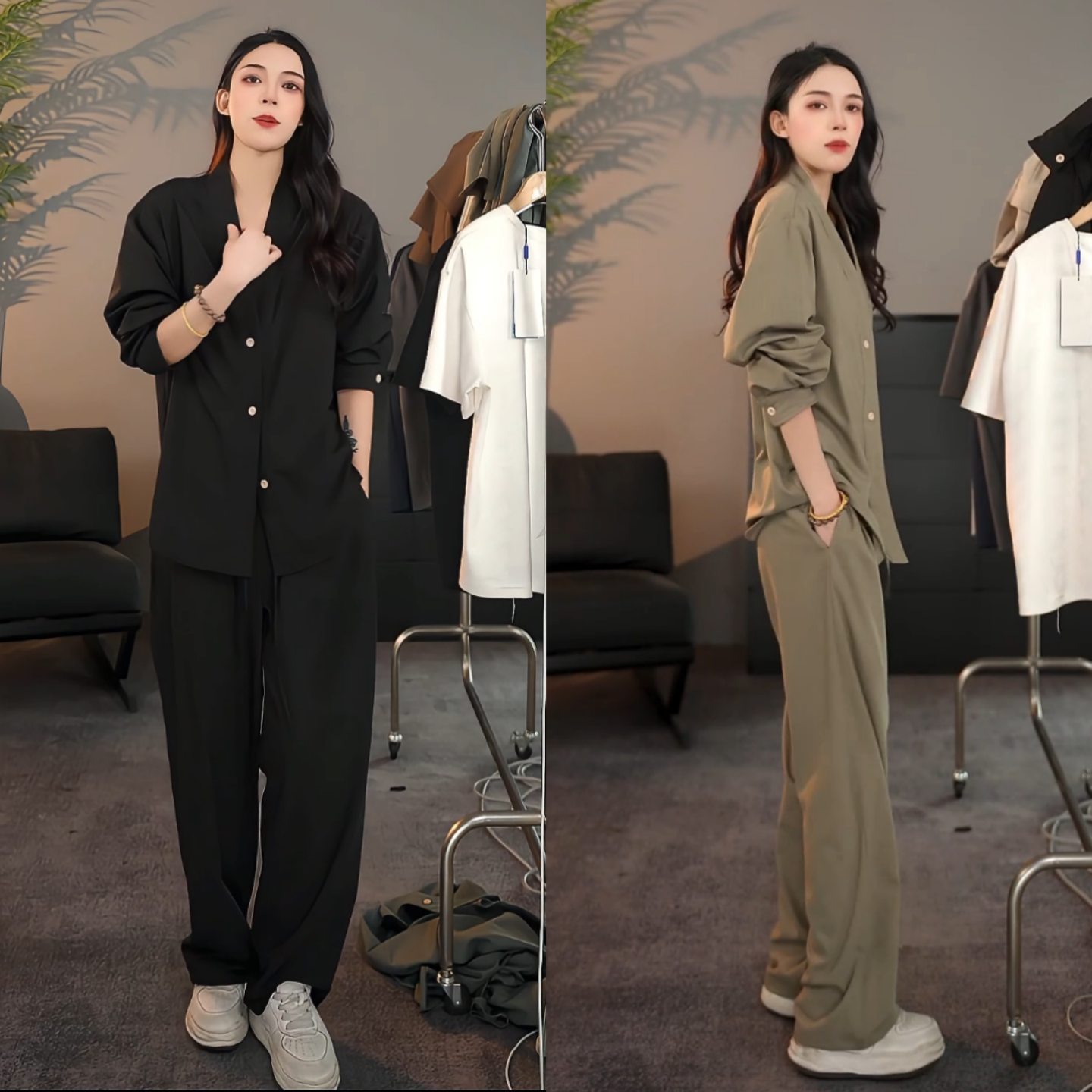 春季新款时松弛感简约尚套装男轻奢百搭V领衬衫外套直筒裤两件套