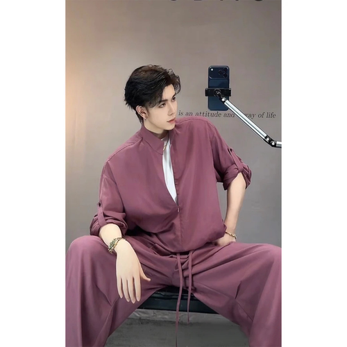 春季男士假两件衬衫阔腿裤套装