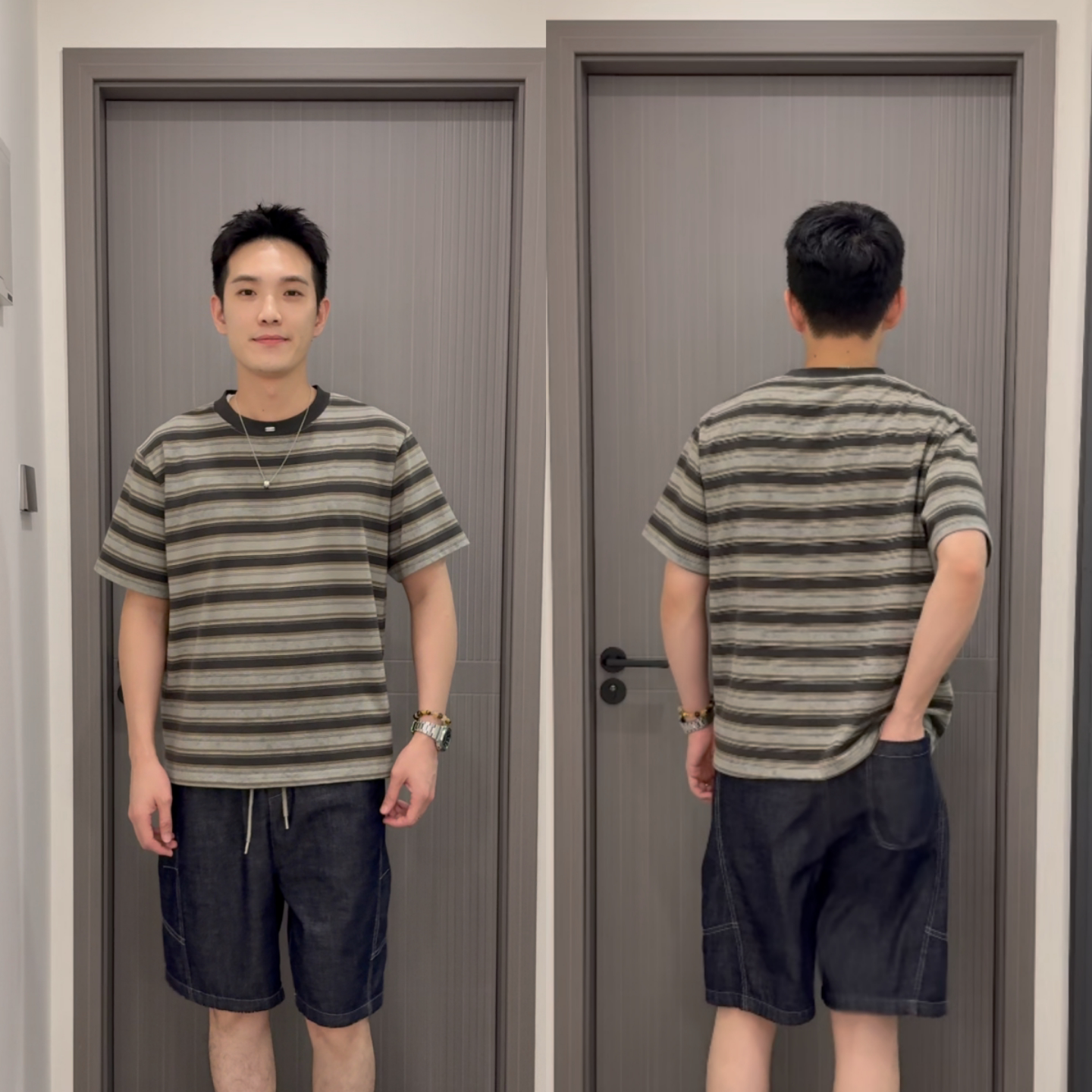夏季帅气休闲风撞色条纹短袖男