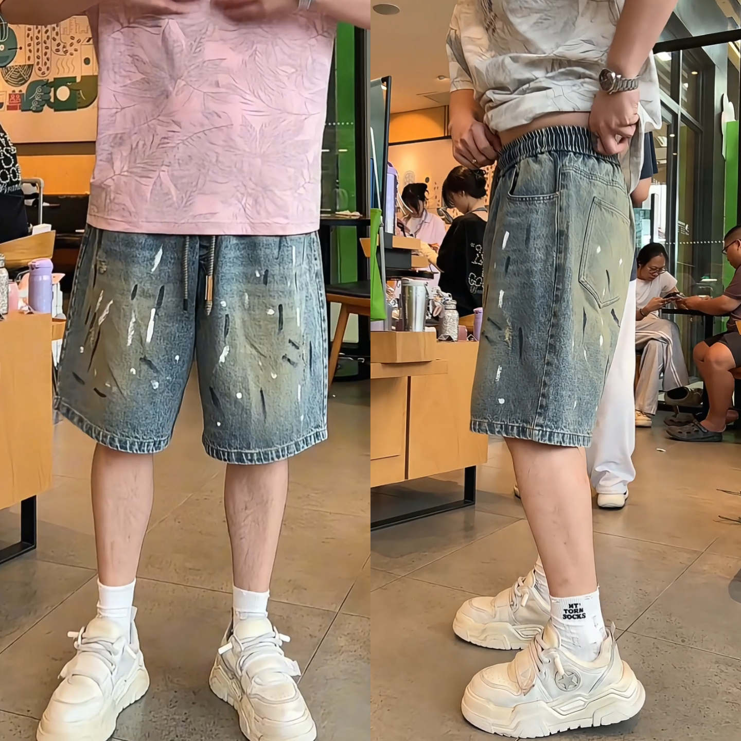 夏季复古泼墨做旧牛仔五分裤男士