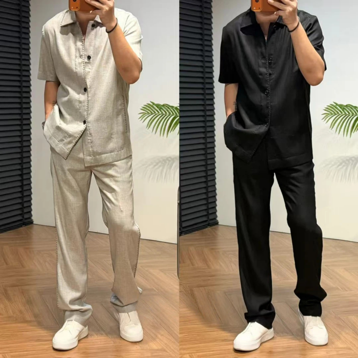 夏季时尚老钱风男士衬衫直筒长裤套装潮流百搭高级感休闲风两件套