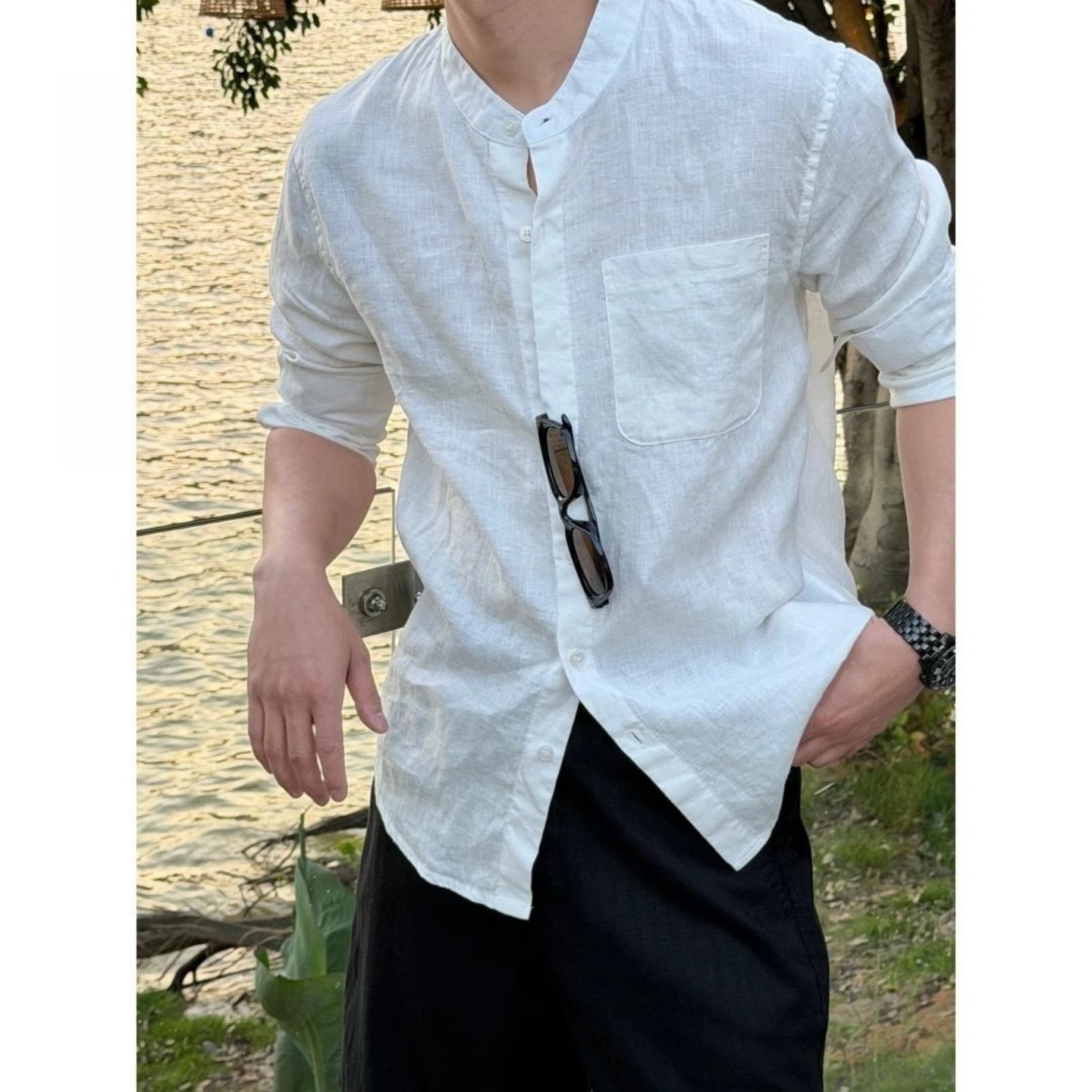 夏季简约通勤风休闲风立领衬衫男