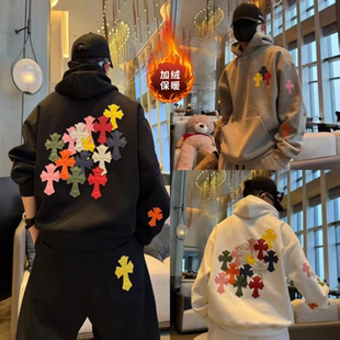 冬季男士炫彩十字架连帽套头卫衣休闲裤加绒套装潮流小众高级时尚