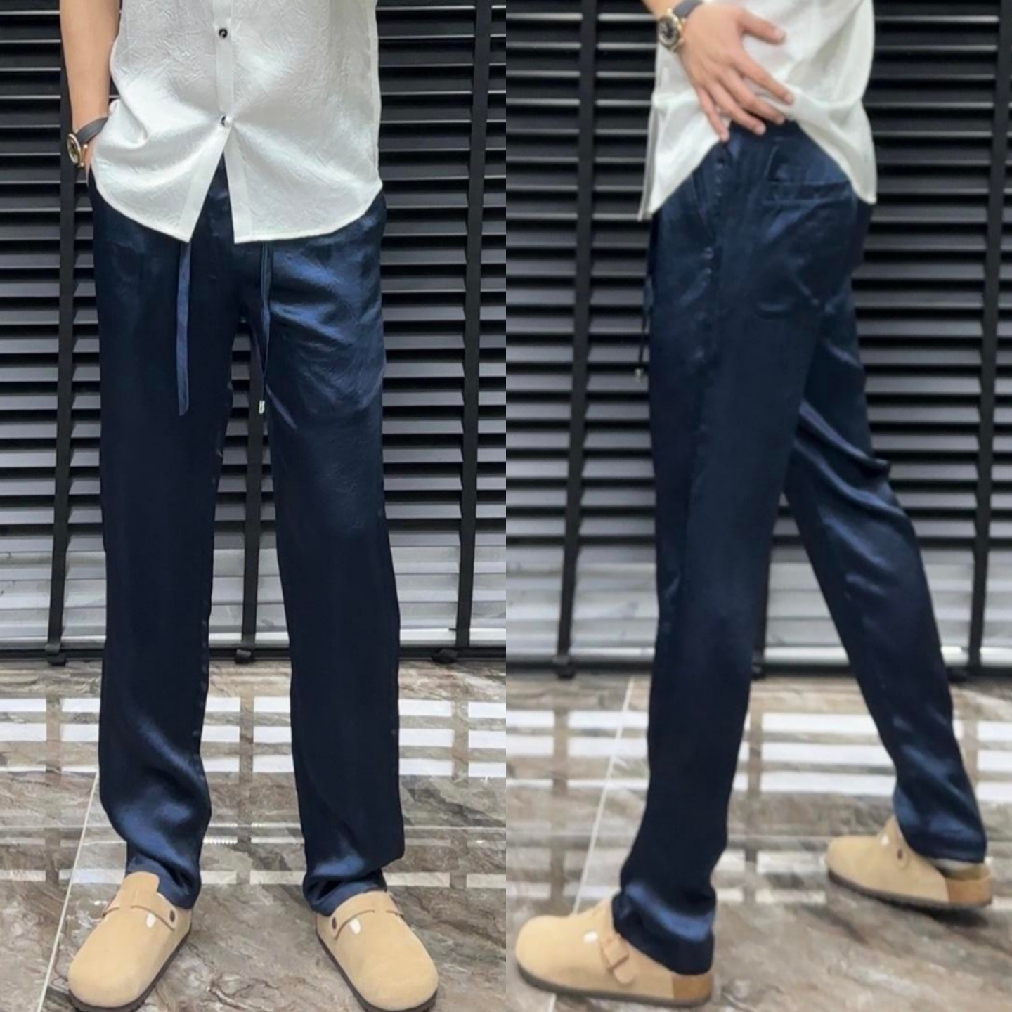 早秋新款男士时尚百搭简约轻奢高级感醋酸亲肤垂感抽绳休闲面膜裤