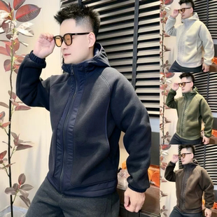 摇粒绒拼接连帽外套冬季新款男士时尚痞帅慵懒风休闲上衣百搭简约